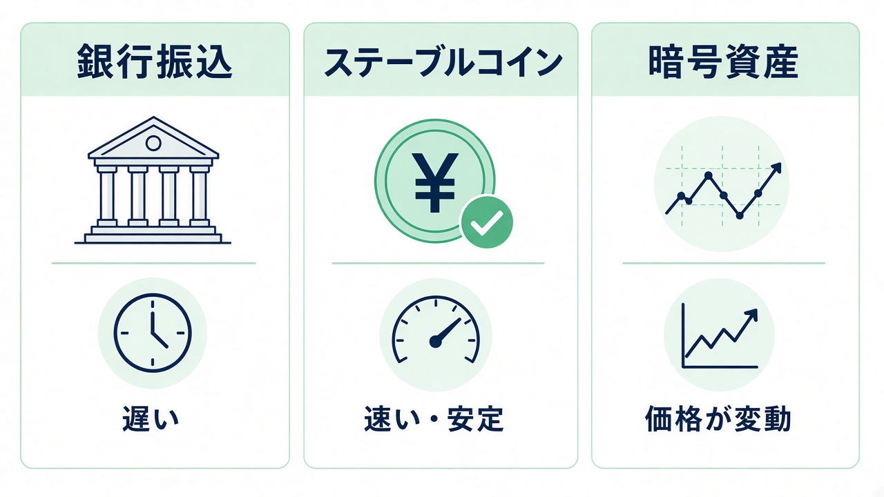 銀行振込・ステーブルコイン・暗号資産の違いを示す図